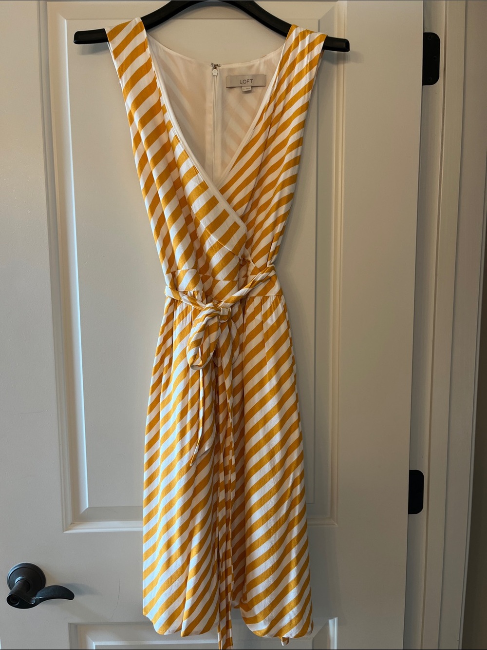 LOFT Yellow and White Striped Midi Wrap Dress